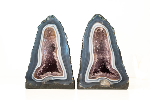 Pair of Small Blue and White Lace Agate Geodes with Lavender Amethyst Core - 8.6 Lb. 10.2 In. - E2D Crystals & Minerals