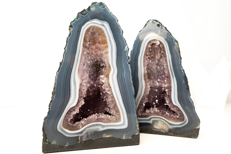 Pair of Small Blue and White Lace Agate Geodes with Lavender Amethyst Core - 8.6 Lb. 10.2 In. - E2D Crystals & Minerals