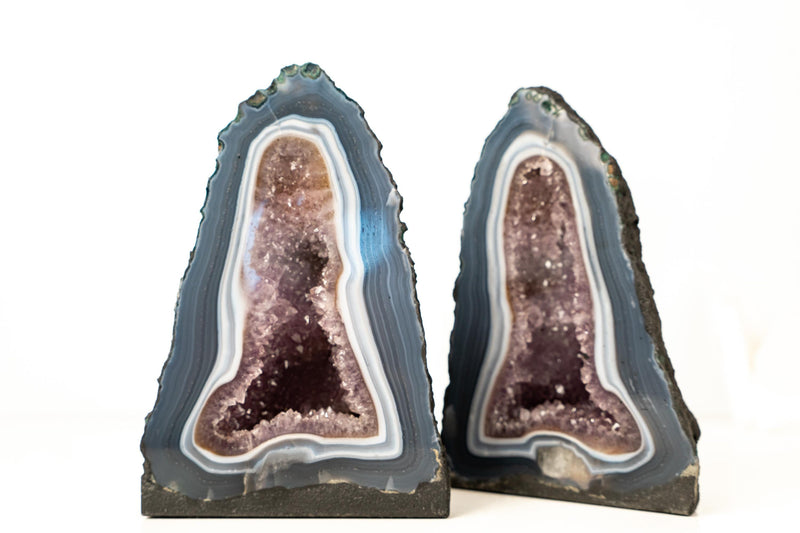 Pair of Small Blue and White Lace Agate Geodes with Lavender Amethyst Core - 8.6 Lb. 10.2 In. - E2D Crystals & Minerals