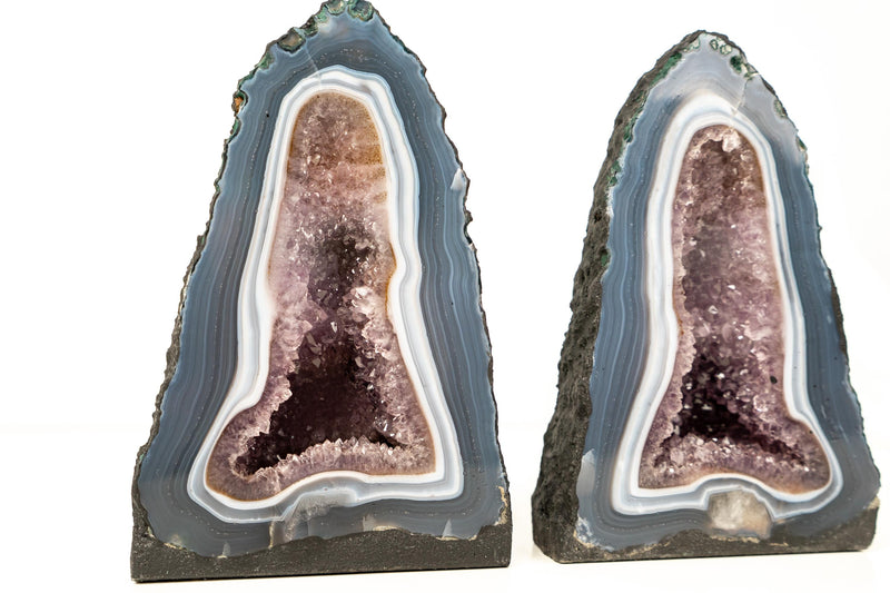Pair of Small Blue and White Lace Agate Geodes with Lavender Amethyst Core - 8.6 Lb. 10.2 In. - E2D Crystals & Minerals