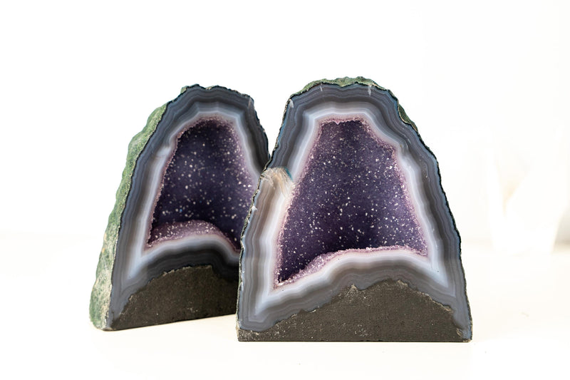 Pair of High - Grade Blue Lace Agate Geodes with Sparkling Lavender Galaxy Amethyst Druzy – Small Size 11 Lb. 7 In. tall - E2D Crystals & Minerals