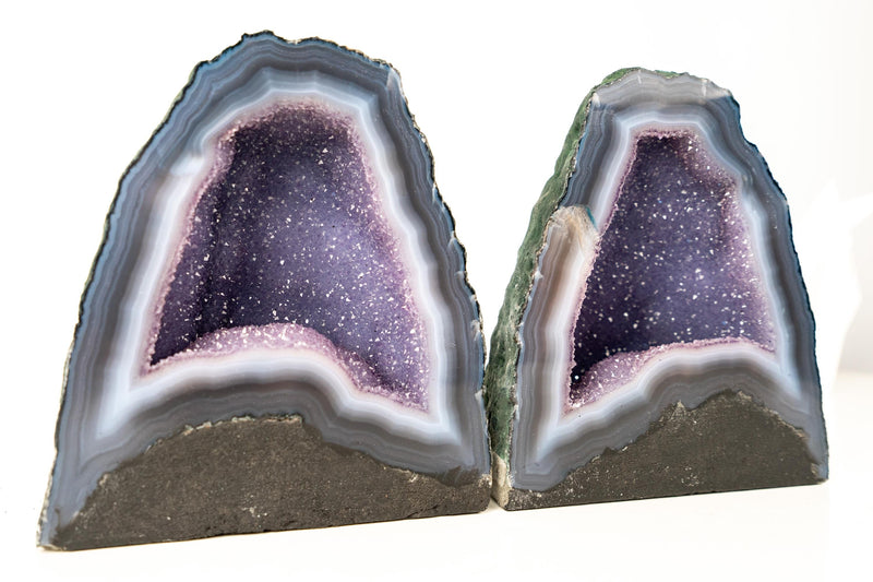 Pair of High - Grade Blue Lace Agate Geodes with Sparkling Lavender Galaxy Amethyst Druzy – Small Size 11 Lb. 7 In. tall - E2D Crystals & Minerals