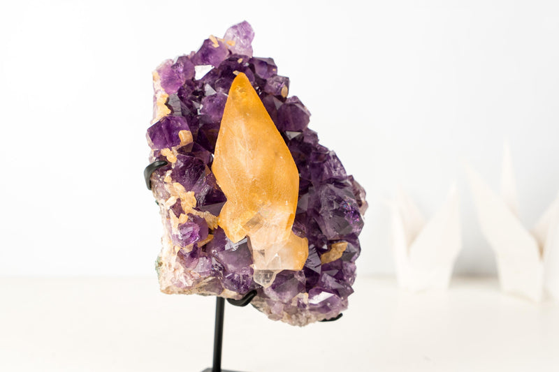 Rare Golden Yellow Calcite Specimen on Deep Purple Amethyst Cluster – Collector's Gemmy Golden Calcite - 4.0 Kg - 8.7 lb - E2D Crystals & Minerals