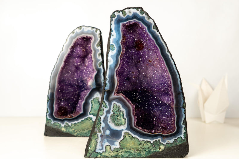 Collector - Grade Pair of Rare Lace Agate Cathedral Geodes with Violet Amethyst Druzy and Scenic Agate Drawings - 20 In. 49 Lb. - E2D Crystals & Minerals
