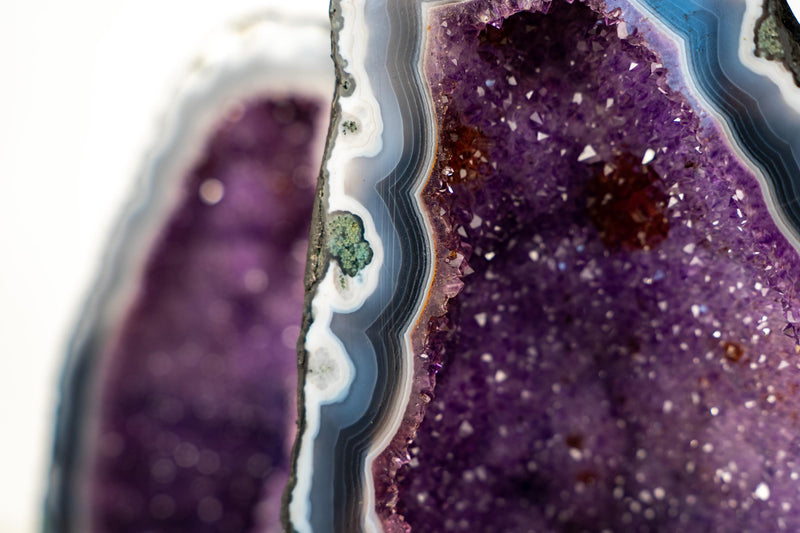 Collector - Grade Pair of Rare Lace Agate Cathedral Geodes with Violet Amethyst Druzy and Scenic Agate Drawings - 20 In. 49 Lb. - E2D Crystals & Minerals