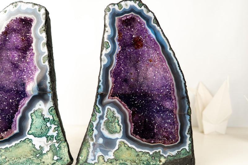 Collector - Grade Pair of Rare Lace Agate Cathedral Geodes with Violet Amethyst Druzy and Scenic Agate Drawings - 20 In. 49 Lb. - E2D Crystals & Minerals