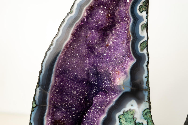 Collector - Grade Pair of Rare Lace Agate Cathedral Geodes with Violet Amethyst Druzy and Scenic Agate Drawings - 20 In. 49 Lb. - E2D Crystals & Minerals