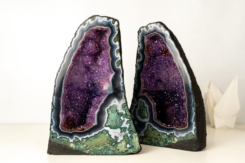Collector - Grade Pair of Rare Lace Agate Cathedral Geodes with Violet Amethyst Druzy and Scenic Agate Drawings - 20 In. 49 Lb. - E2D Crystals & Minerals