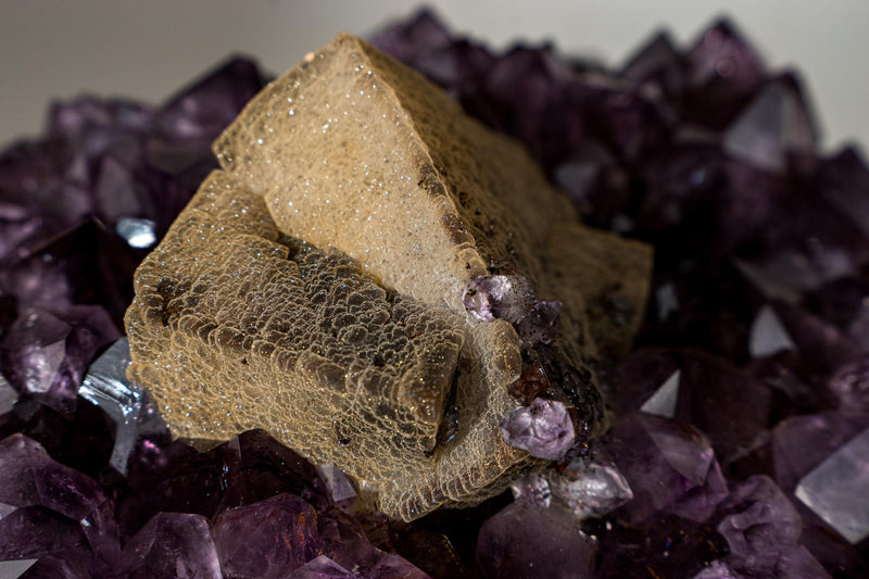 Rare Cubic Calcite with Green Sugar Druzy (Celadonite) on Amethyst Cluster (20 lb) – Large Cabinet Specimen - E2D Crystals & Minerals