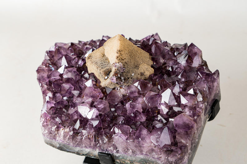 Rare Cubic Calcite with Green Sugar Druzy (Celadonite) on Amethyst Cluster (20 lb) – Large Cabinet Specimen - E2D Crystals & Minerals