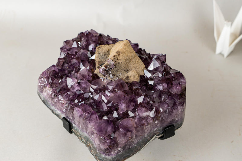 Rare Cubic Calcite with Green Sugar Druzy (Celadonite) on Amethyst Cluster (20 lb) – Large Cabinet Specimen - E2D Crystals & Minerals