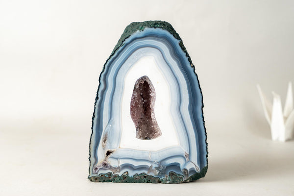 The Chapel: Intact Blue Lace Agate Geode with Deep Purple Amethyst Druzy – All - Natural Collector’s Crystal (5.6 kg / 12.2 lb) - E2D Crystals & Minerals