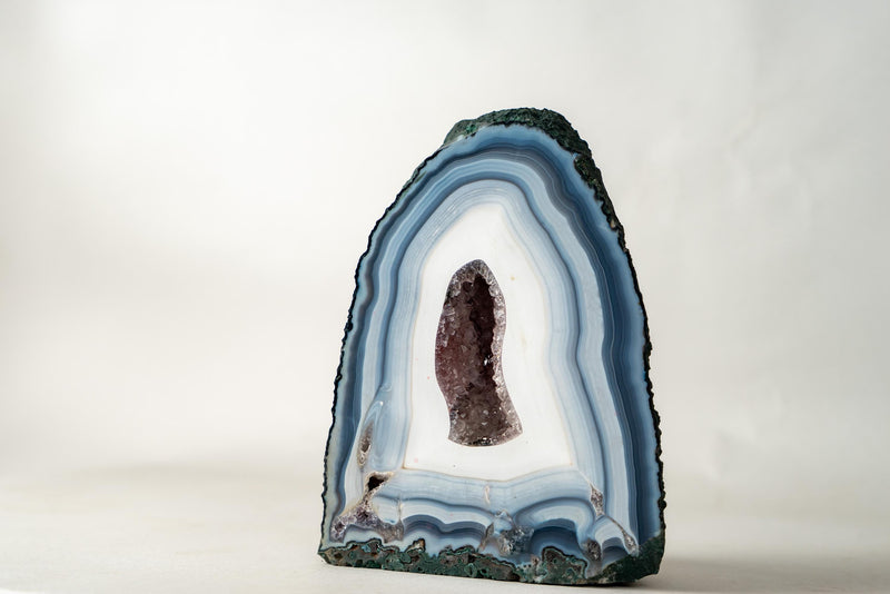 The Chapel: Intact Blue Lace Agate Geode with Deep Purple Amethyst Druzy – All - Natural Collector’s Crystal (5.6 kg / 12.2 lb) - E2D Crystals & Minerals