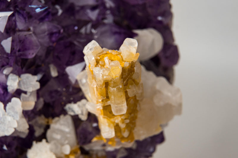 Rare Hexagonal Yellow Calcite with Inclusions on Gemmy Purple Amethyst Cluster – Collector - Grade Specimen - E2D Crystals & Minerals