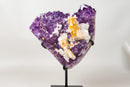 Rare Hexagonal Yellow Calcite with Inclusions on Gemmy Purple Amethyst Cluster – Collector - Grade Specimen - E2D Crystals & Minerals