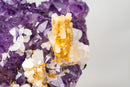 Rare Hexagonal Yellow Calcite with Inclusions on Gemmy Purple Amethyst Cluster – Collector - Grade Specimen - E2D Crystals & Minerals