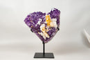 Rare Hexagonal Yellow Calcite with Inclusions on Gemmy Purple Amethyst Cluster – Collector - Grade Specimen - E2D Crystals & Minerals