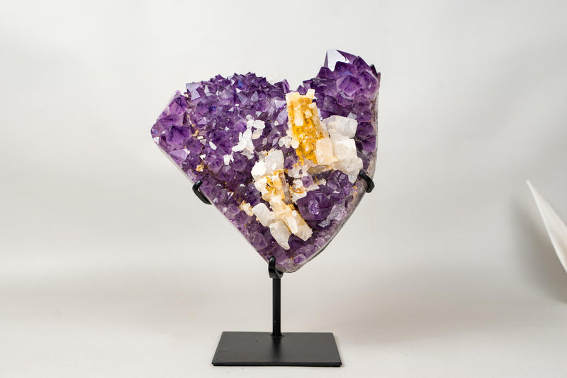 Rare Hexagonal Yellow Calcite with Inclusions on Gemmy Purple Amethyst Cluster – Collector - Grade Specimen - E2D Crystals & Minerals