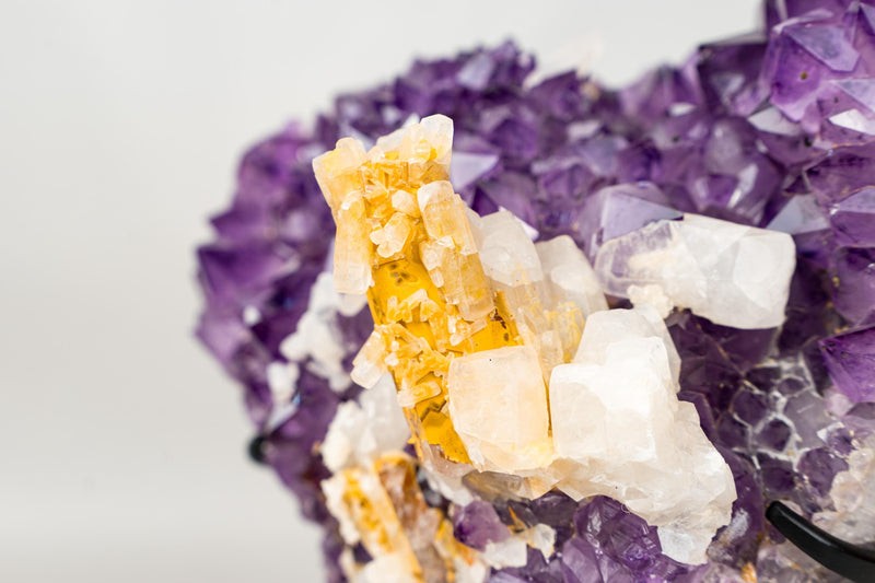 Rare Hexagonal Yellow Calcite with Inclusions on Gemmy Purple Amethyst Cluster – Collector - Grade Specimen - E2D Crystals & Minerals