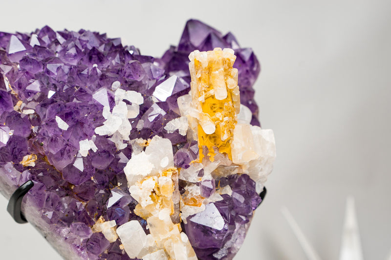 Rare Hexagonal Yellow Calcite with Inclusions on Gemmy Purple Amethyst Cluster – Collector - Grade Specimen - E2D Crystals & Minerals