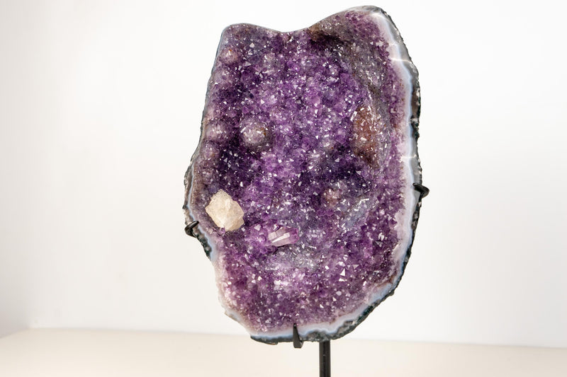 Purple Galaxy Amethyst Cluster with Calcite, Golden Goethite & Rare Inclusions on Custom Stand – Natural Brazilian Crystal - 1.0 Kg - 2.2 lb - E2D Crystals & Minerals
