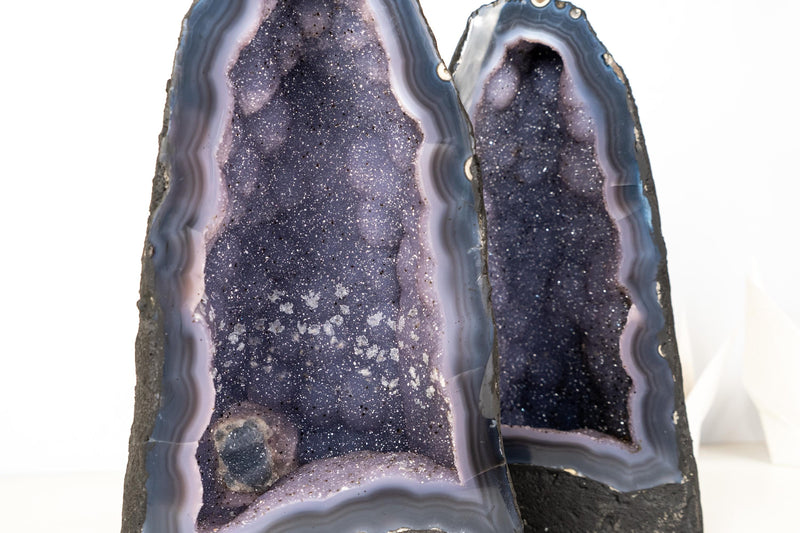 Pair of Rare Blue Agate Geode Cathedrals with Sparkly Blue Galaxy Druzy Amethyst and Calcite Inclusions - Bookmatching Pair, 42 Lb. - E2D Crystals & Minerals