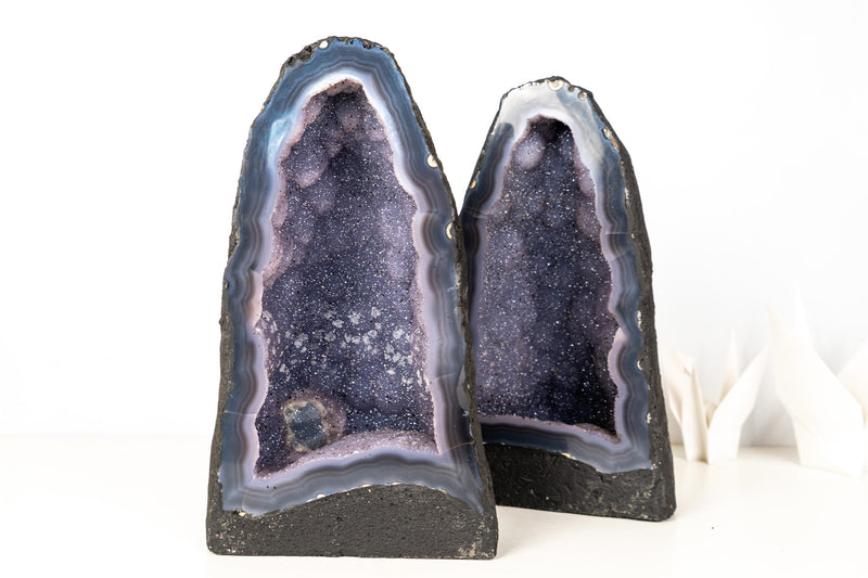 Pair of Rare Blue Agate Geode Cathedrals with Sparkly Blue Galaxy Druzy Amethyst and Calcite Inclusions - Bookmatching Pair, 42 Lb. - E2D Crystals & Minerals