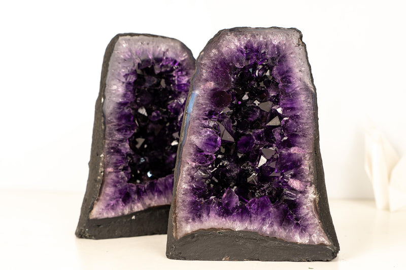 Bookmatching Pair of AAA - Grade Amethyst Geodes with Deep Purple Druzy Crystals – Natural Small Amethyst, 8.9 Kg - 19.5 lb - E2D Crystals & Minerals