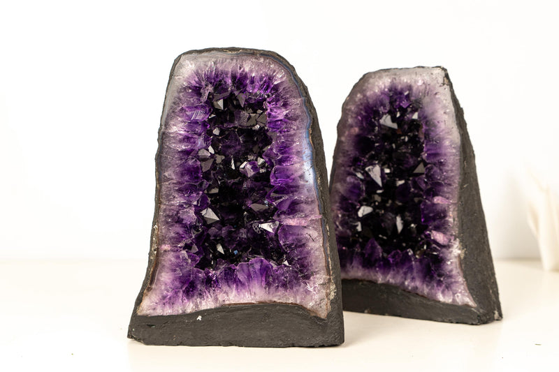 Bookmatching Pair of AAA - Grade Amethyst Geodes with Deep Purple Druzy Crystals – Natural Small Amethyst, 8.9 Kg - 19.5 lb - E2D Crystals & Minerals
