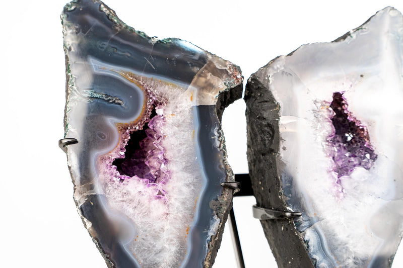 Natural Agate Butterfly Geode Wings – Blue and White Banded Agate with Druzy and Amethyst Crystals - 16.5 In - 26 Lb - E2D Crystals & Minerals