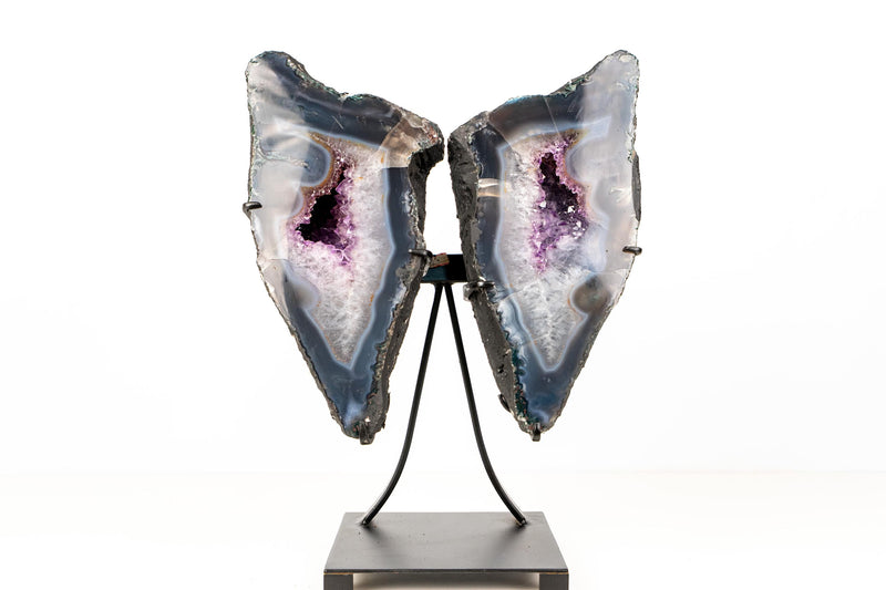 Natural Agate Butterfly Geode Wings – Blue and White Banded Agate with Druzy and Amethyst Crystals - 16.5 In - 26 Lb - E2D Crystals & Minerals