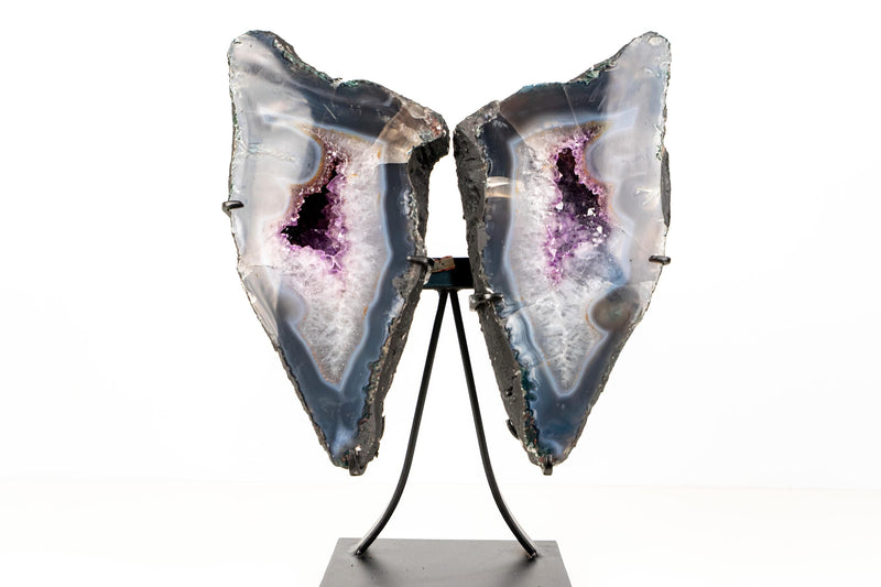Natural Agate Butterfly Geode Wings – Blue and White Banded Agate with Druzy and Amethyst Crystals - 16.5 In - 26 Lb - E2D Crystals & Minerals