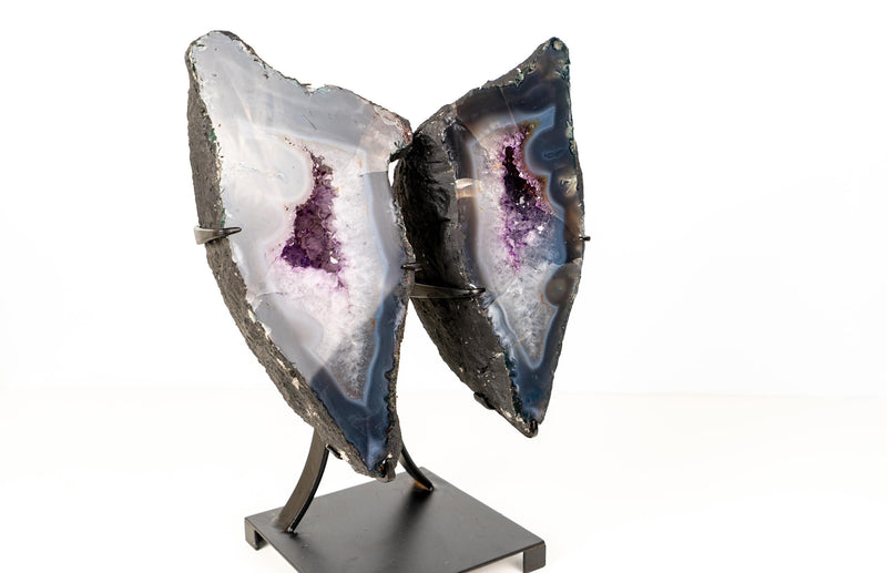Natural Agate Butterfly Geode Wings – Blue and White Banded Agate with Druzy and Amethyst Crystals - 16.5 In - 26 Lb - E2D Crystals & Minerals