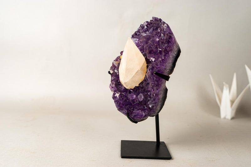 UV - Reactive Calcite on Brazilian Purple Amethyst Cluster – Natural Pristine 6.4 lb Collector Display - E2D Crystals & Minerals