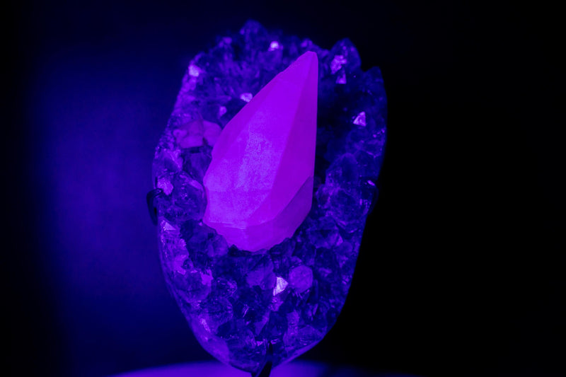 UV - Reactive Calcite on Brazilian Purple Amethyst Cluster – Natural Pristine 6.4 lb Collector Display - E2D Crystals & Minerals