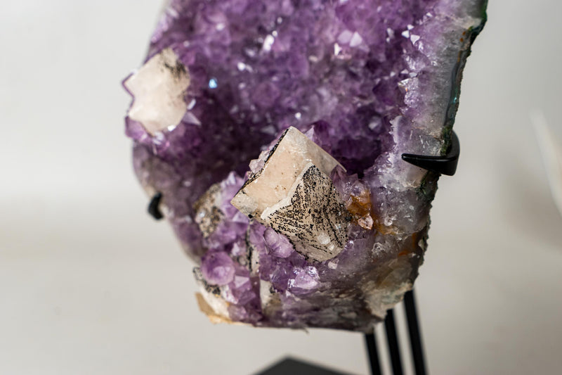 Brazilian Amethyst Cluster with Rare Cubic Calcite, Flower Stalactites & Goethite – 9.5 lb / 4.3 kg Crystal Display on Stand - E2D Crystals & Minerals