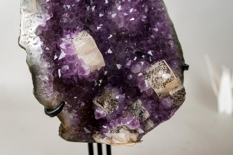 Brazilian Amethyst Cluster with Rare Cubic Calcite, Flower Stalactites & Goethite – 9.5 lb / 4.3 kg Crystal Display on Stand - E2D Crystals & Minerals