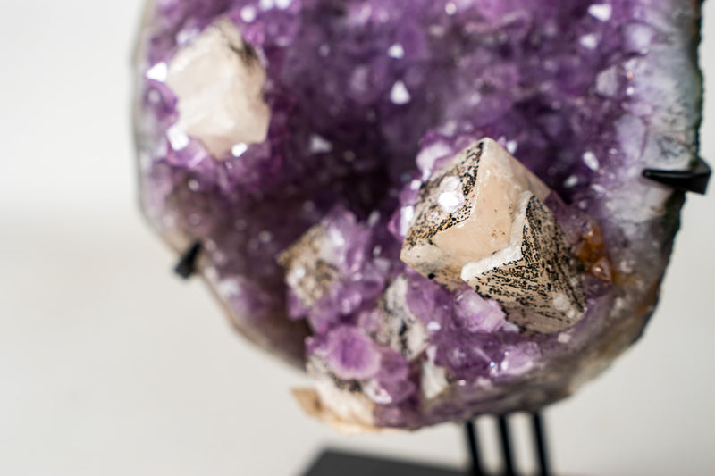 Brazilian Amethyst Cluster with Rare Cubic Calcite, Flower Stalactites & Goethite – 9.5 lb / 4.3 kg Crystal Display on Stand - E2D Crystals & Minerals