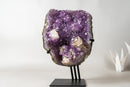 Brazilian Amethyst Cluster with Rare Cubic Calcite, Flower Stalactites & Goethite – 9.5 lb / 4.3 kg Crystal Display on Stand - E2D Crystals & Minerals
