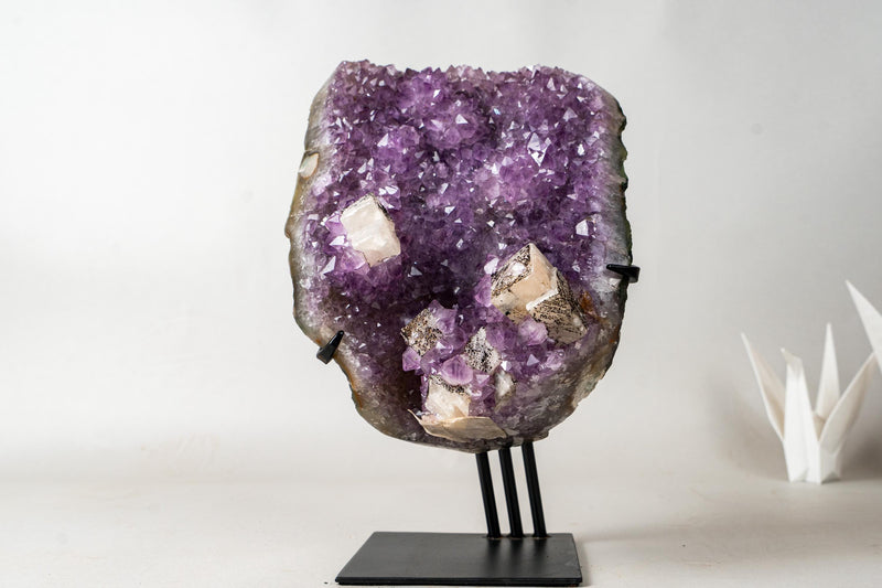 Brazilian Amethyst Cluster with Rare Cubic Calcite, Flower Stalactites & Goethite – 9.5 lb / 4.3 kg Crystal Display on Stand - E2D Crystals & Minerals
