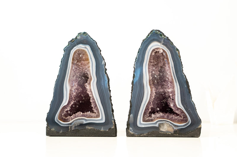 Pair of Small Blue and White Lace Agate Geodes with Lavender Amethyst Core - 8.6 Lb. 10.2 In. - E2D Crystals & Minerals