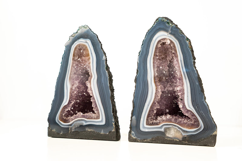 Pair of Small Blue and White Lace Agate Geodes with Lavender Amethyst Core - 8.6 Lb. 10.2 In. - E2D Crystals & Minerals