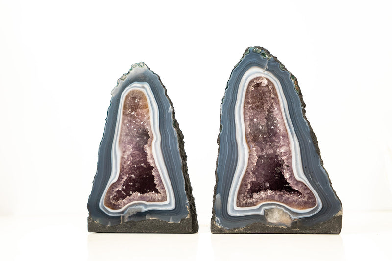 Pair of Small Blue and White Lace Agate Geodes with Lavender Amethyst Core - 8.6 Lb. 10.2 In. - E2D Crystals & Minerals