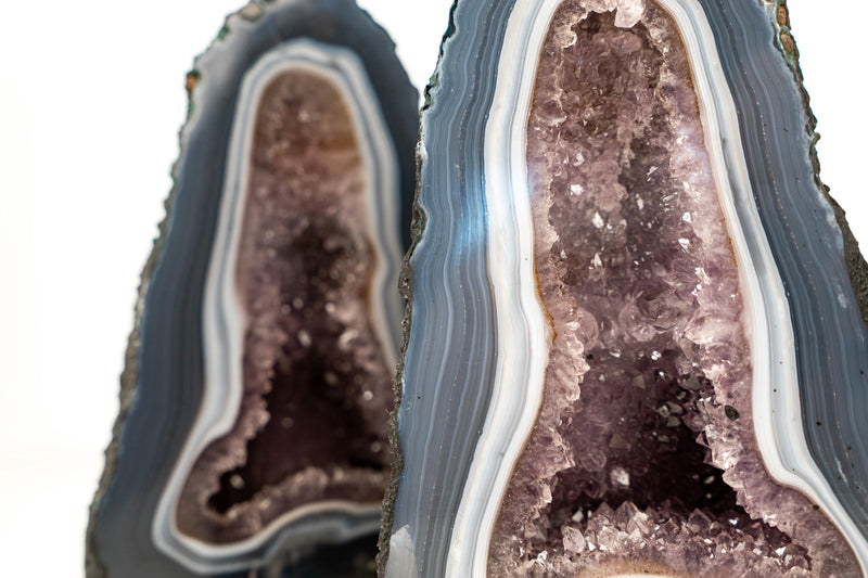 Pair of Small Blue and White Lace Agate Geodes with Lavender Amethyst Core - 8.6 Lb. 10.2 In. - E2D Crystals & Minerals