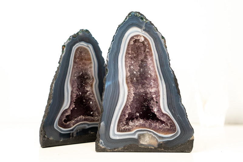Pair of Small Blue and White Lace Agate Geodes with Lavender Amethyst Core - 8.6 Lb. 10.2 In. - E2D Crystals & Minerals