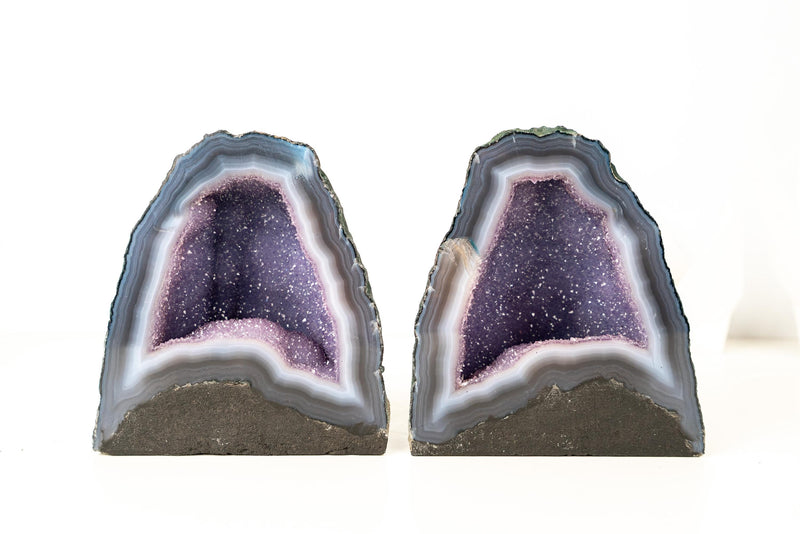 Pair of High - Grade Blue Lace Agate Geodes with Sparkling Lavender Galaxy Amethyst Druzy – Small Size 11 Lb. 7 In. tall - E2D Crystals & Minerals