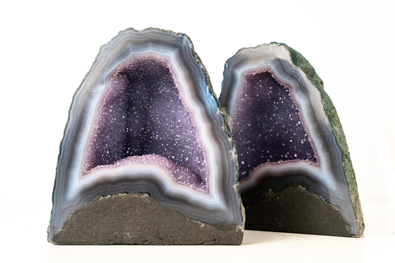 Pair of High - Grade Blue Lace Agate Geodes with Sparkling Lavender Galaxy Amethyst Druzy – Small Size 11 Lb. 7 In. tall - E2D Crystals & Minerals