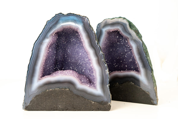 Pair of High - Grade Blue Lace Agate Geodes with Sparkling Lavender Galaxy Amethyst Druzy – Small Size 11 Lb. 7 In. tall - E2D Crystals & Minerals