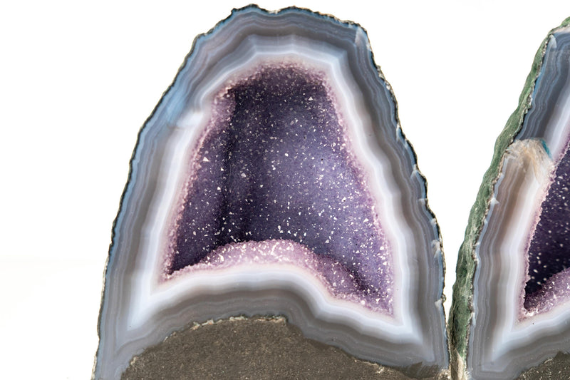 Pair of High - Grade Blue Lace Agate Geodes with Sparkling Lavender Galaxy Amethyst Druzy – Small Size 11 Lb. 7 In. tall - E2D Crystals & Minerals