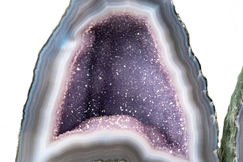 Pair of High - Grade Blue Lace Agate Geodes with Sparkling Lavender Galaxy Amethyst Druzy – Small Size 11 Lb. 7 In. tall - E2D Crystals & Minerals